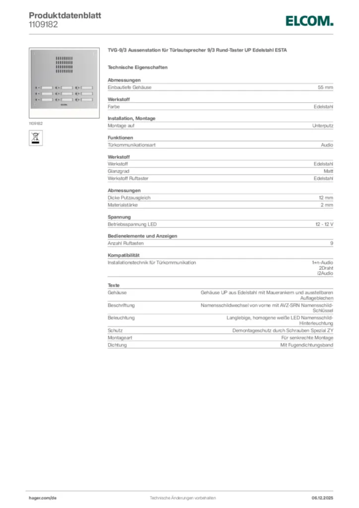 Bild Elcom Produktdatenblatt 1109182 | Hager Deutschland