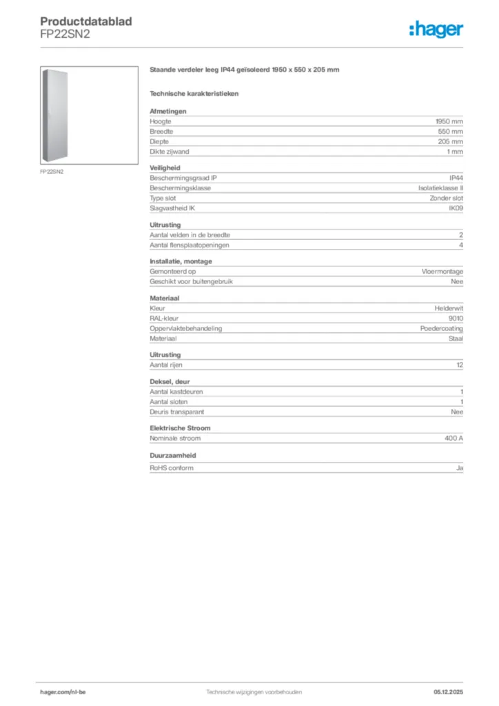Afbeelding Hager Productdatablad FP22SN2 | Hager Belgium