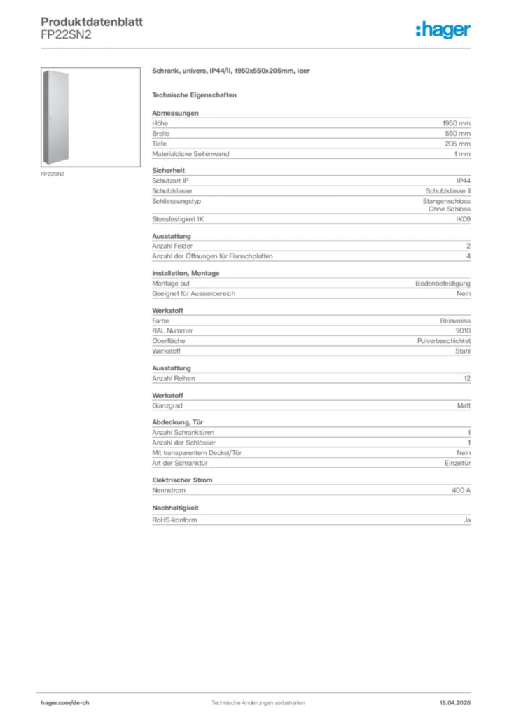 Bild Hager Produktdatenblatt FP22SN2 | Hager Schweiz