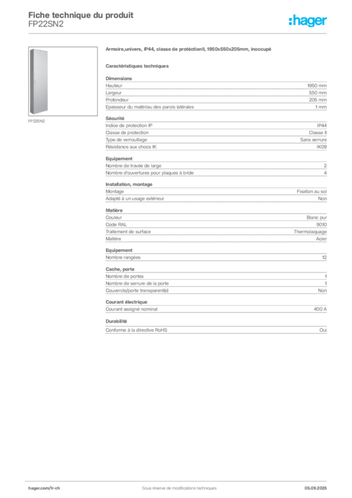 Image Hager Fiche technique du produit FP22SN2 | Hager Suisse
