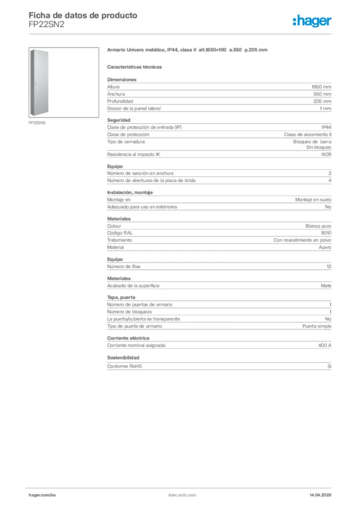 Imagen Hager Ficha de datos de producto FP22SN2 | Hager España
