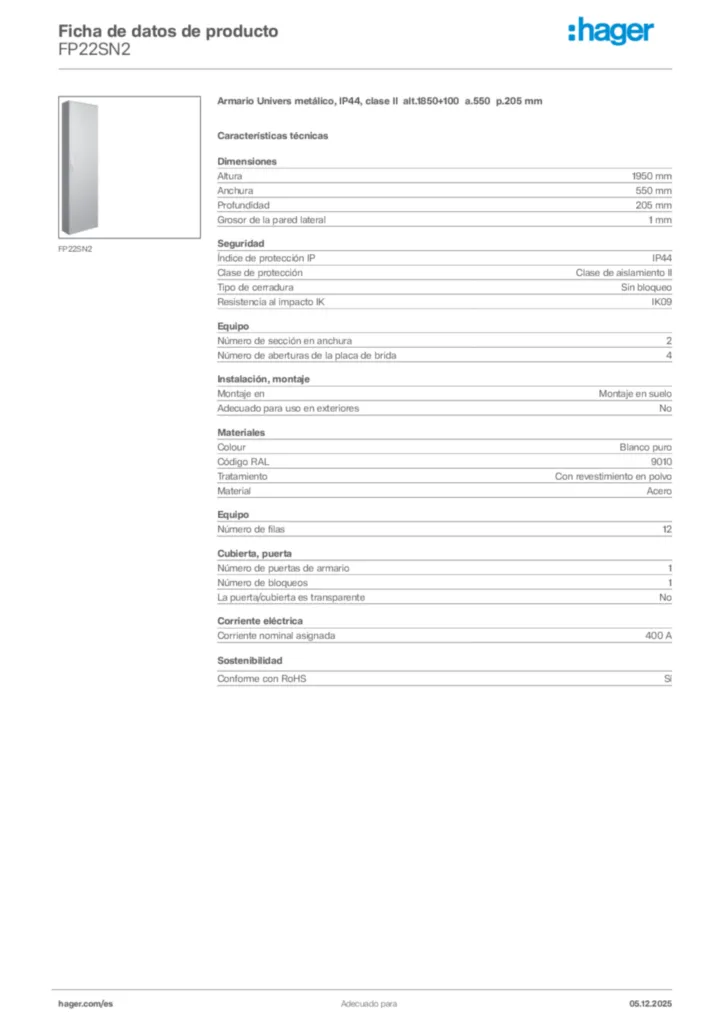 Imagen Hager Ficha de datos de producto FP22SN2 | Hager España
