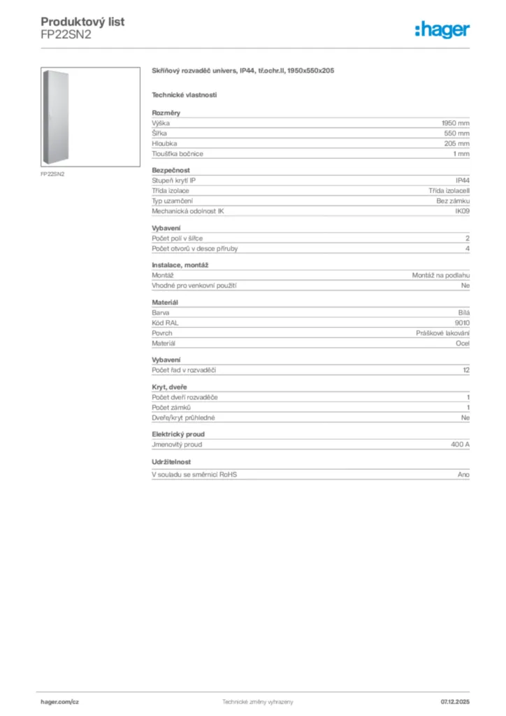 Obrázek Hager Product data sheet FP22SN2 | Hager