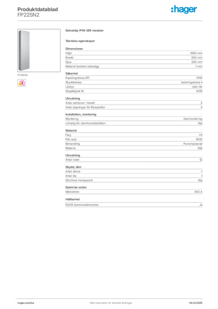 Bild Hager Produktdatablad FP22SN2 | Hager Sverige