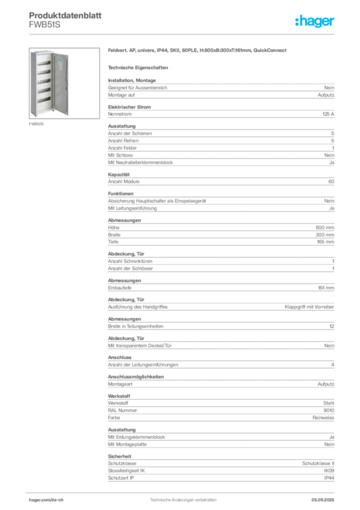 Bild Hager Produktdatenblatt FWB51S | Hager Schweiz