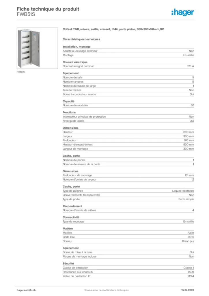 Image Hager Fiche technique du produit FWB51S | Hager Suisse