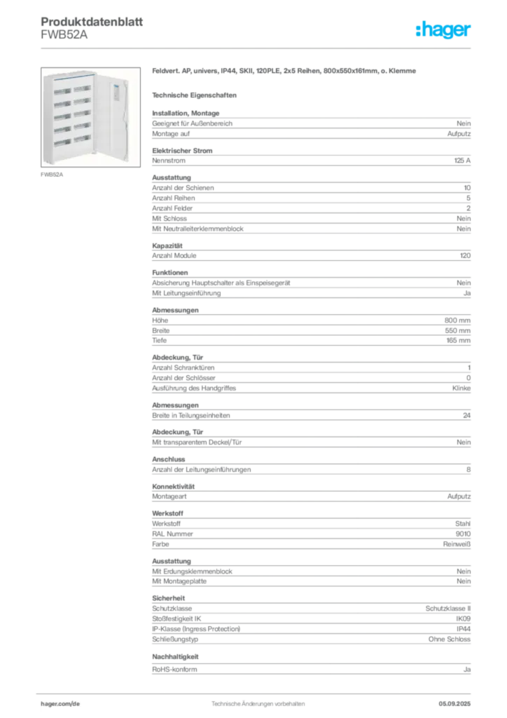 Bild Hager Produktdatenblatt FWB52A | Hager Deutschland