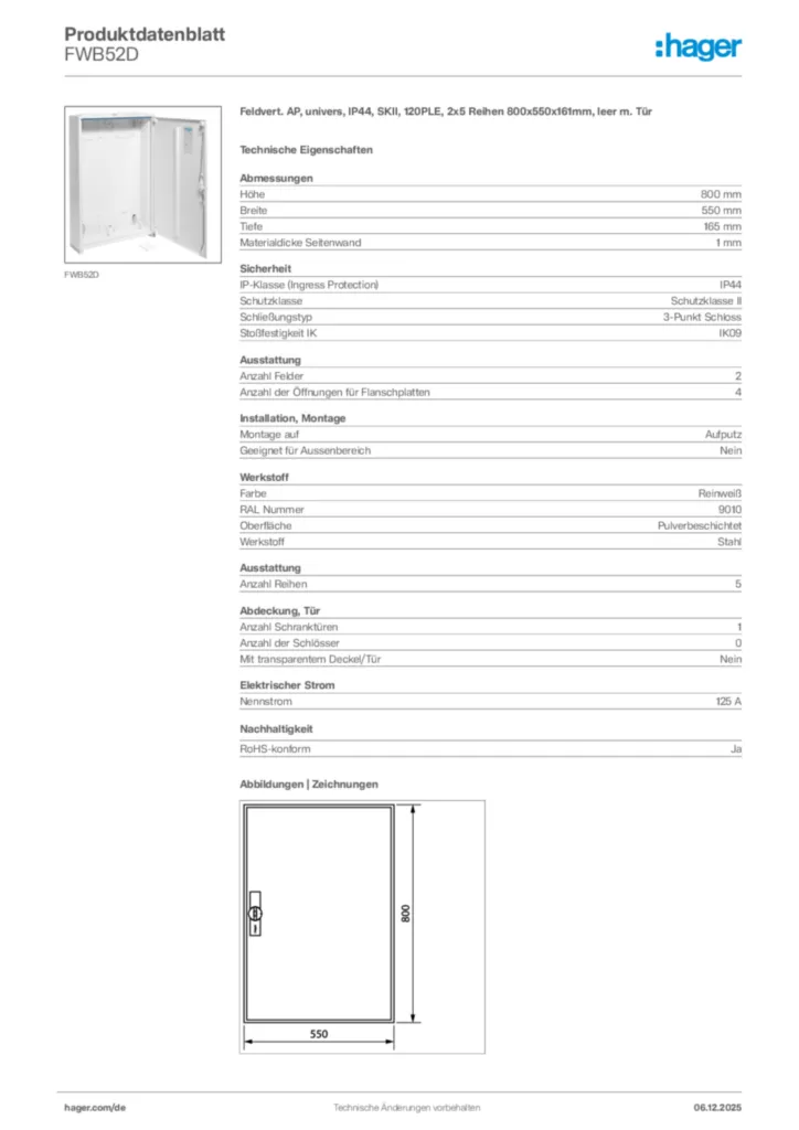Bild Hager Produktdatenblatt FWB52D | Hager Deutschland