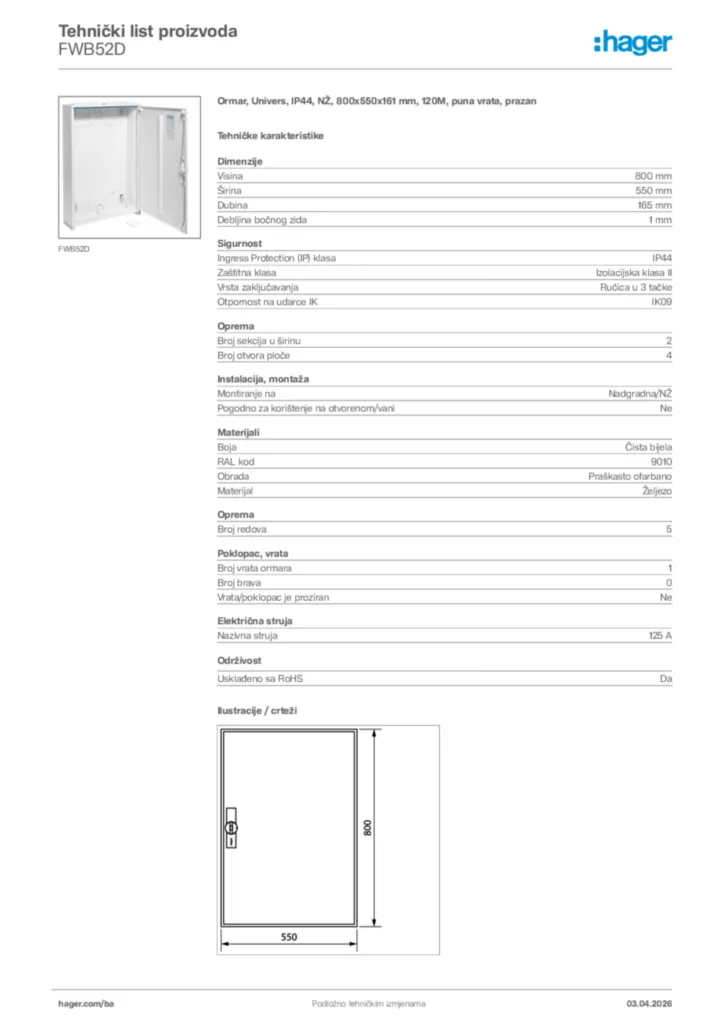 Slika Hager Tehnički list proizvoda FWB52D  | Hager