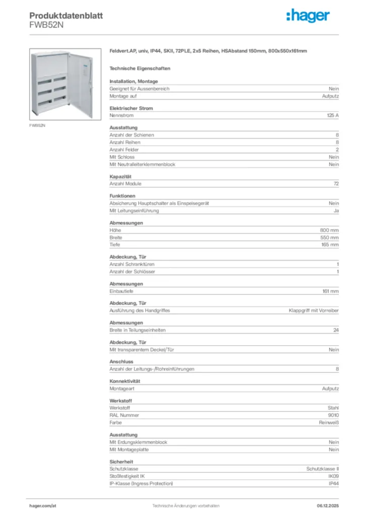 Bild Hager Produktdatenblatt FWB52N | Hager Deutschland