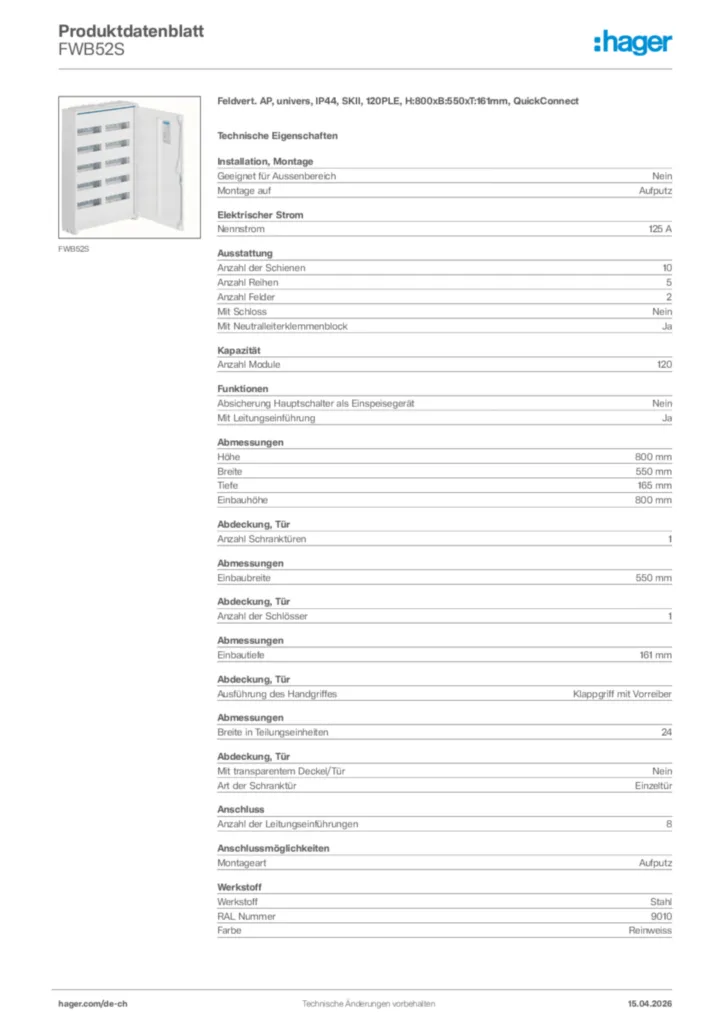 Bild Hager Produktdatenblatt FWB52S | Hager Schweiz