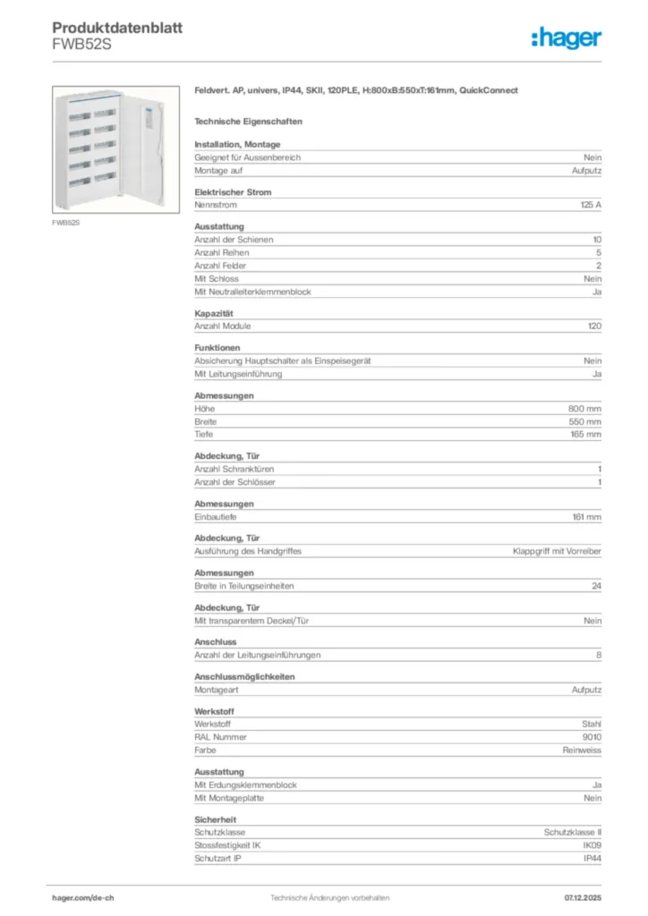 Bild Hager Produktdatenblatt FWB52S | Hager Schweiz