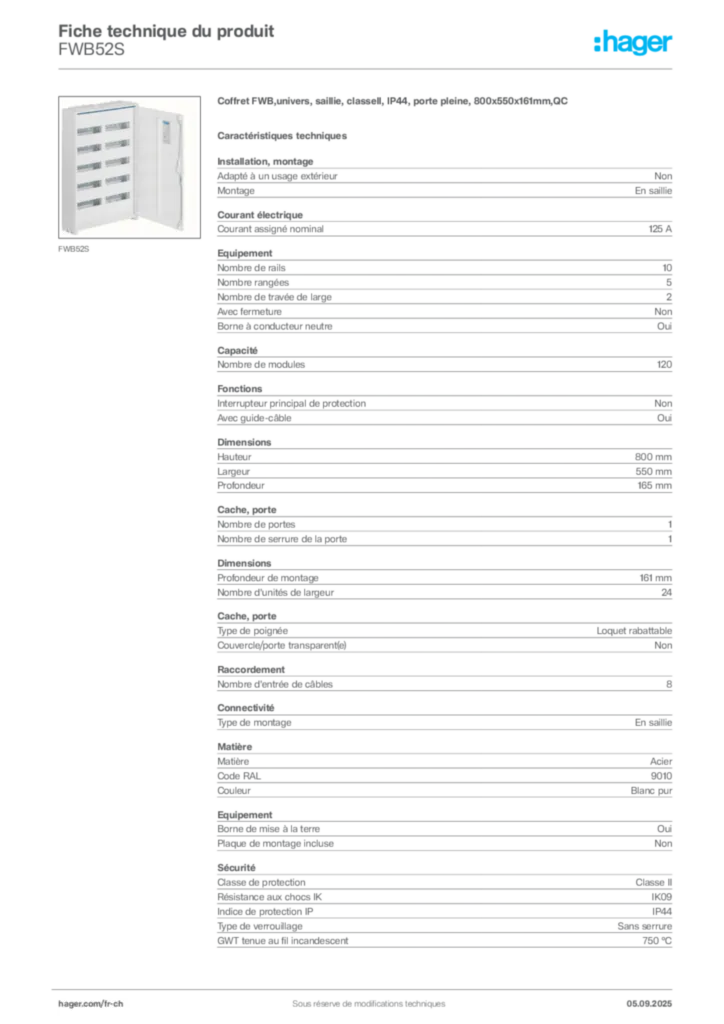 Image Hager Fiche technique du produit FWB52S | Hager Suisse