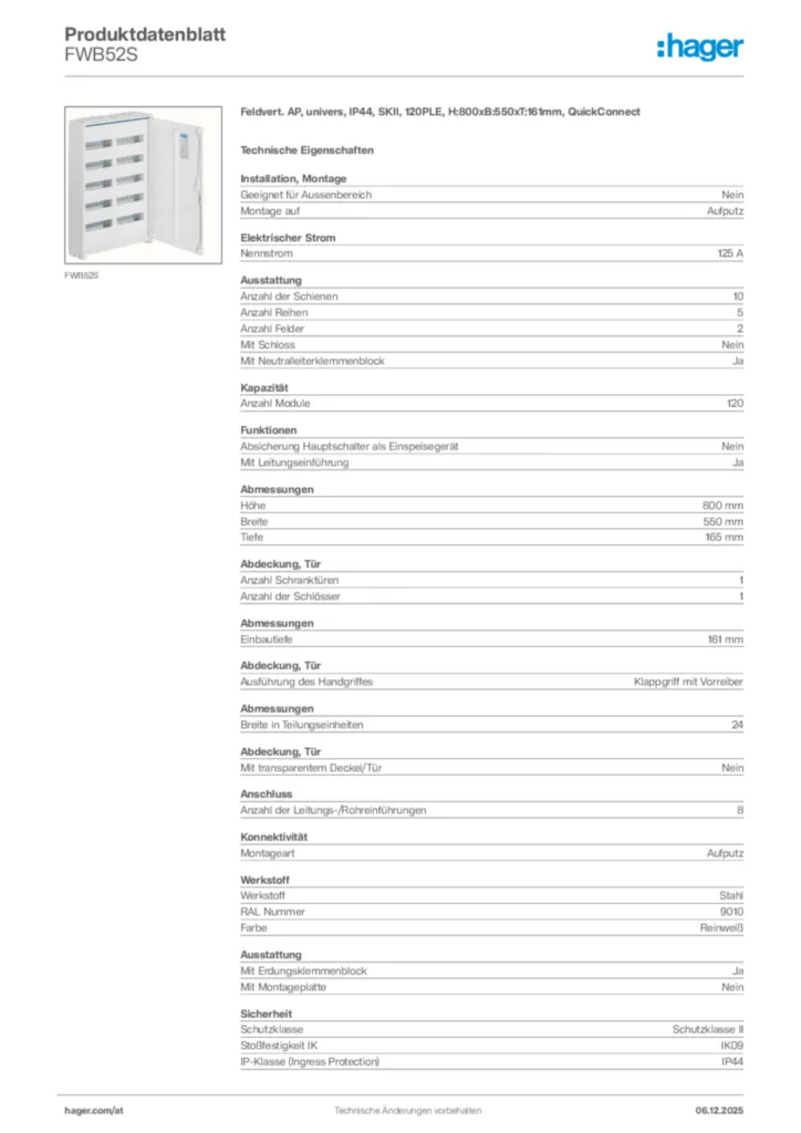 Bild Hager Produktdatenblatt FWB52S | Hager Deutschland