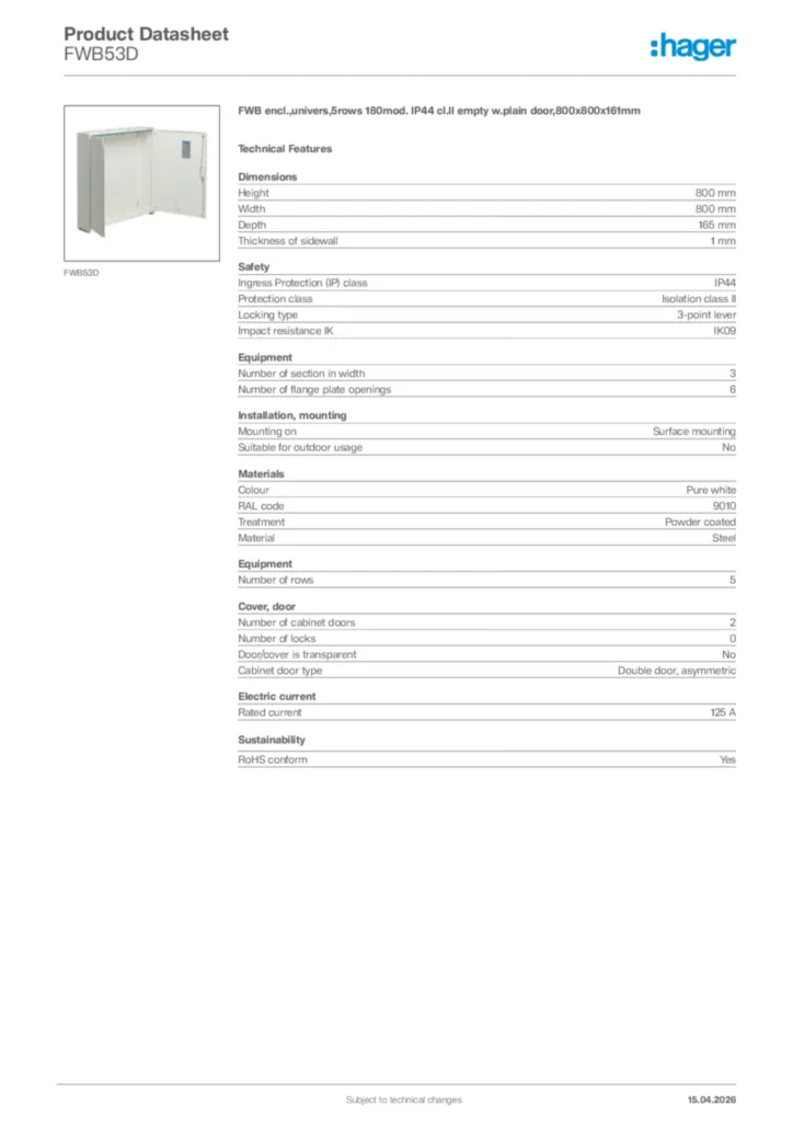 Image Hager Product data sheet FWB53D  | Hager Africa