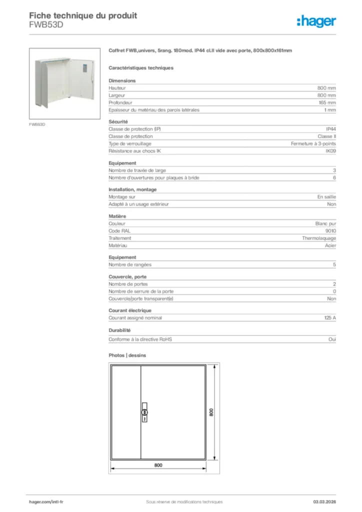 Image Hager Fiche technique du produit FWB53D | Hager Afrique