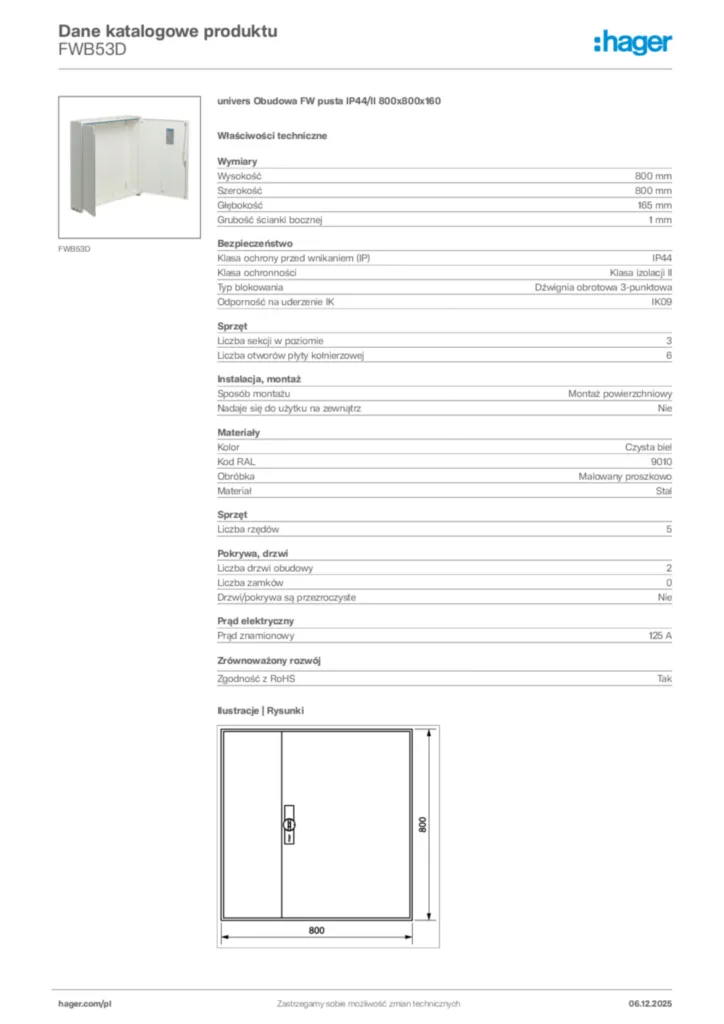 Zdjęcie Hager Karta katalogowa FWB53D | Hager Polska