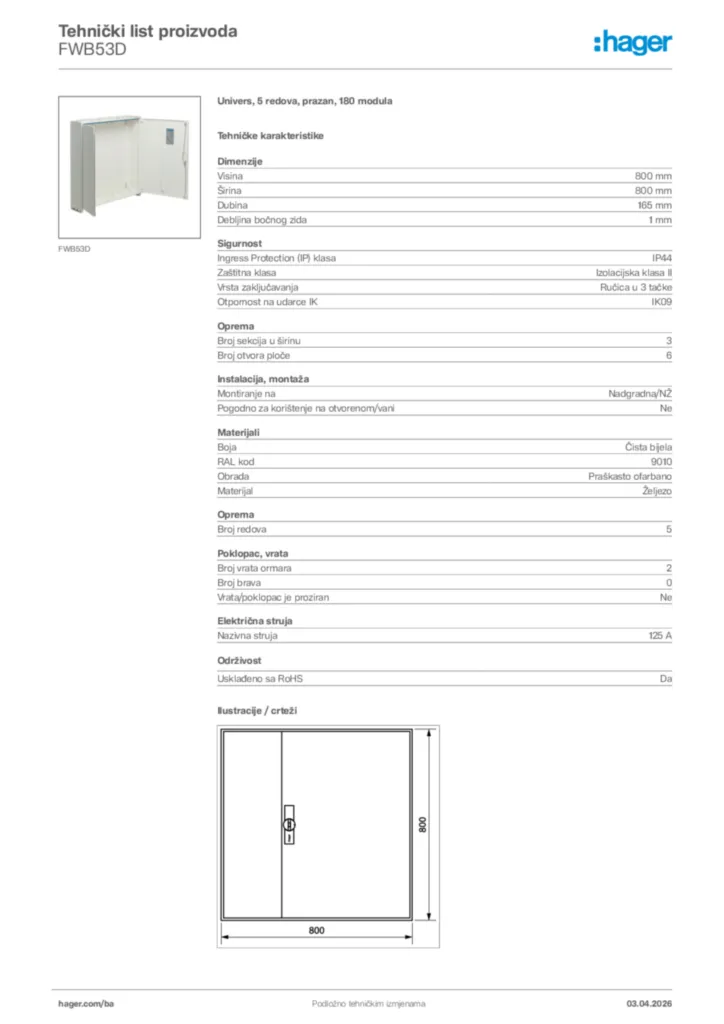 Slika Hager Tehnički list proizvoda FWB53D  | Hager