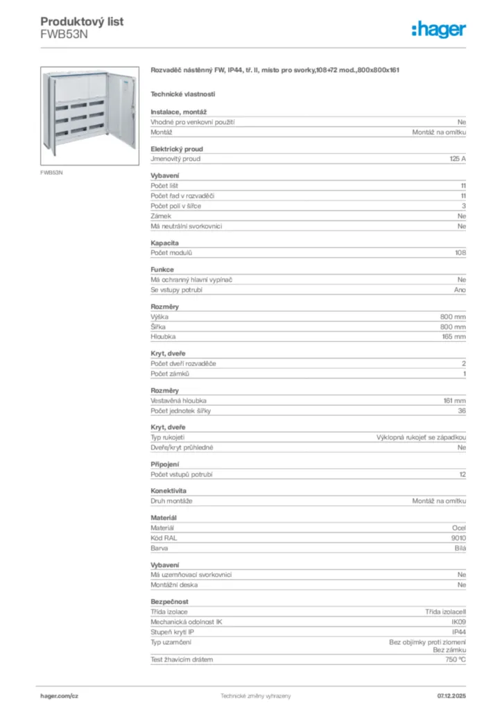 Obrázek Hager Product data sheet FWB53N | Hager