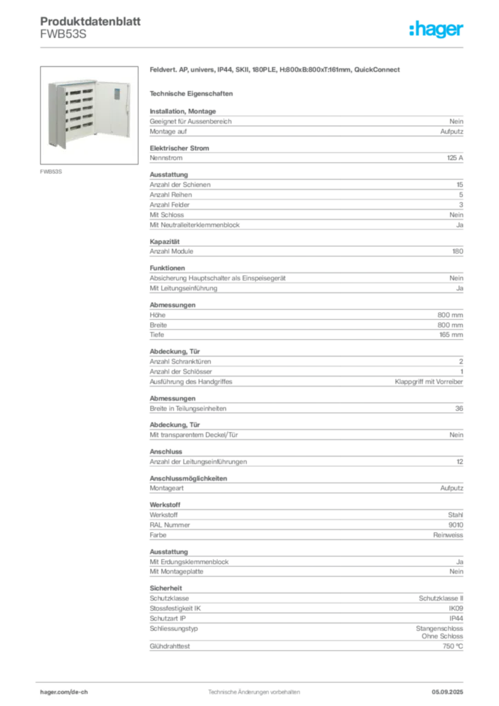 Bild Hager Produktdatenblatt FWB53S | Hager Schweiz