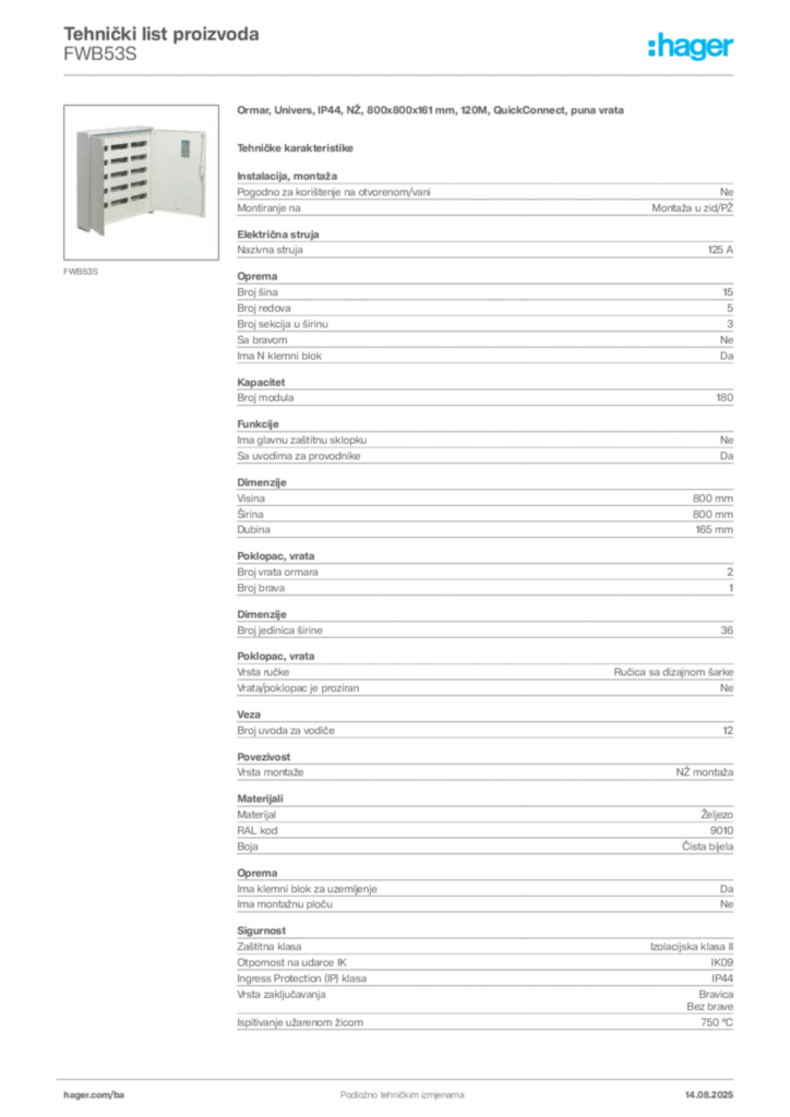 Slika Hager Product data sheet FWB53S  | Hager