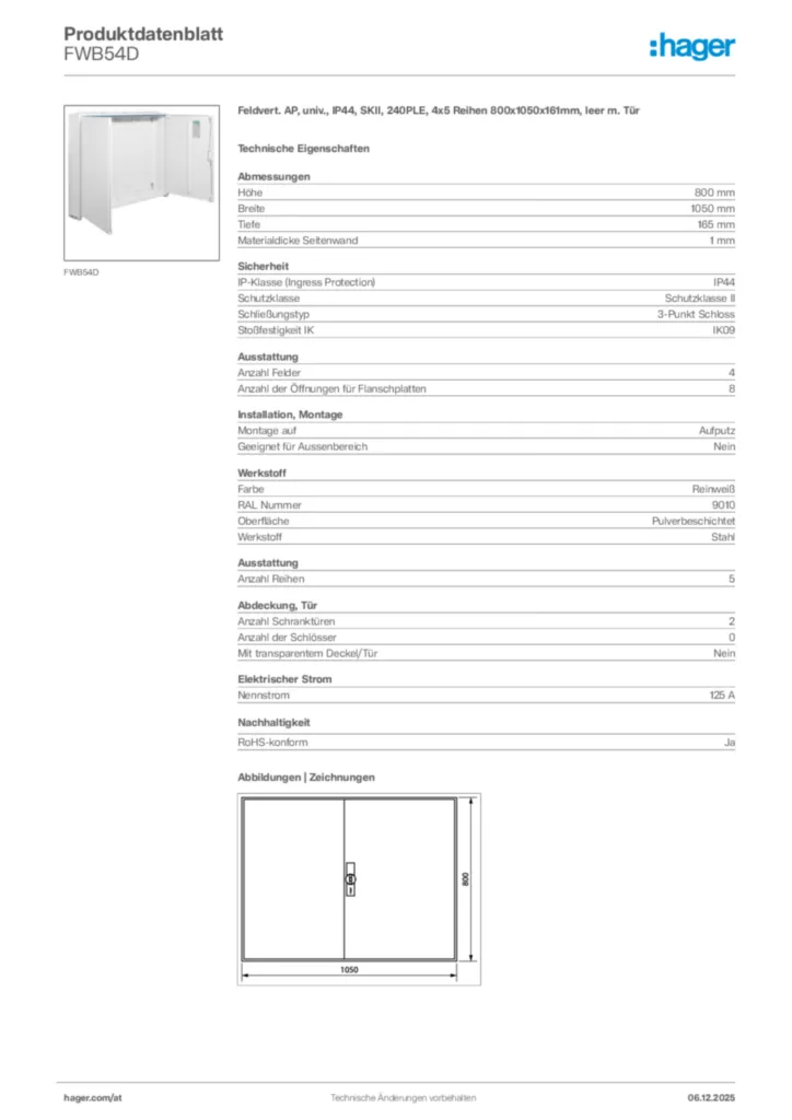 Bild Hager Produktdatenblatt FWB54D | Hager Deutschland
