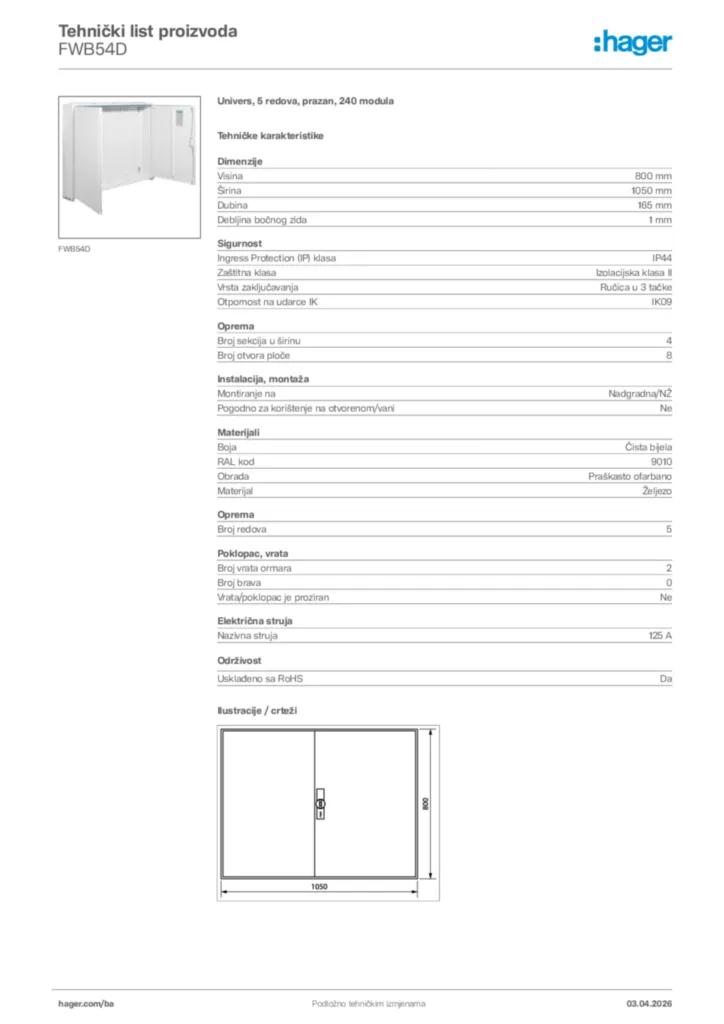 Slika Hager Tehnički list proizvoda FWB54D  | Hager