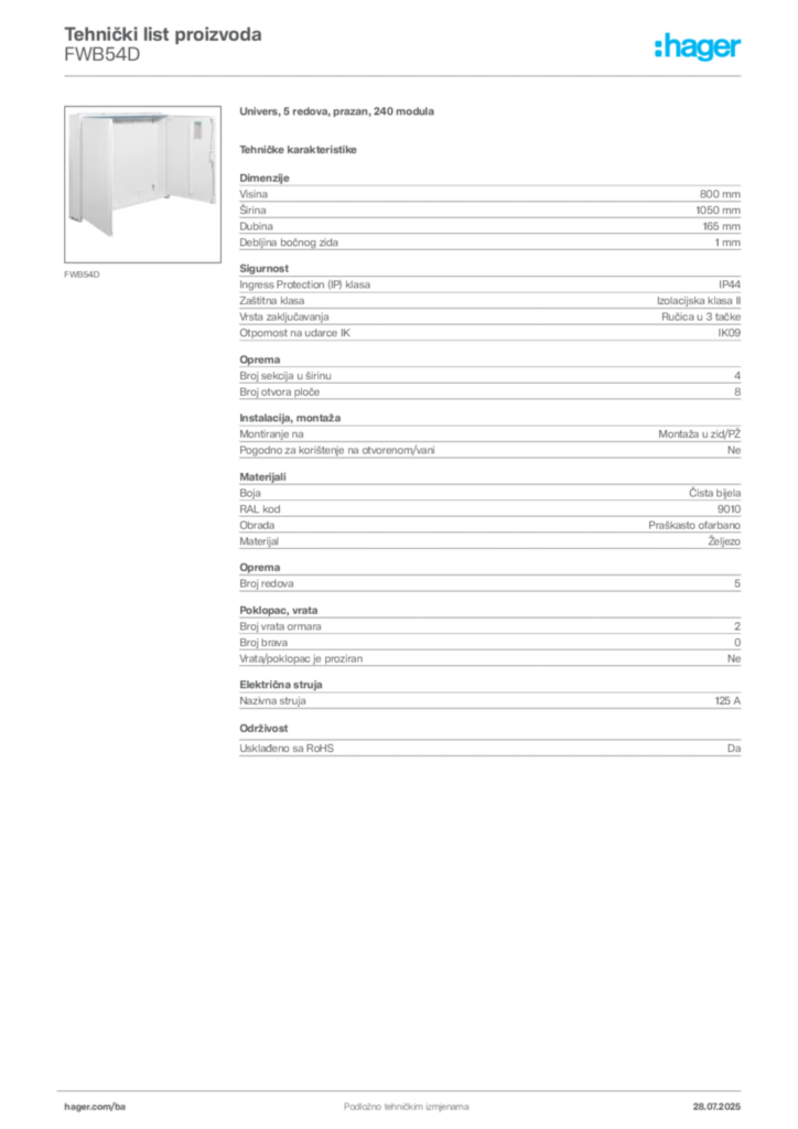 Slika Hager Product data sheet FWB54D  | Hager