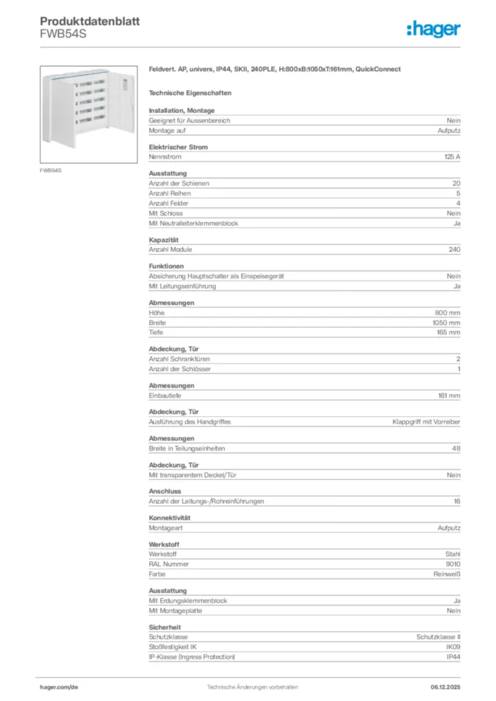 Bild Hager Produktdatenblatt FWB54S | Hager Deutschland