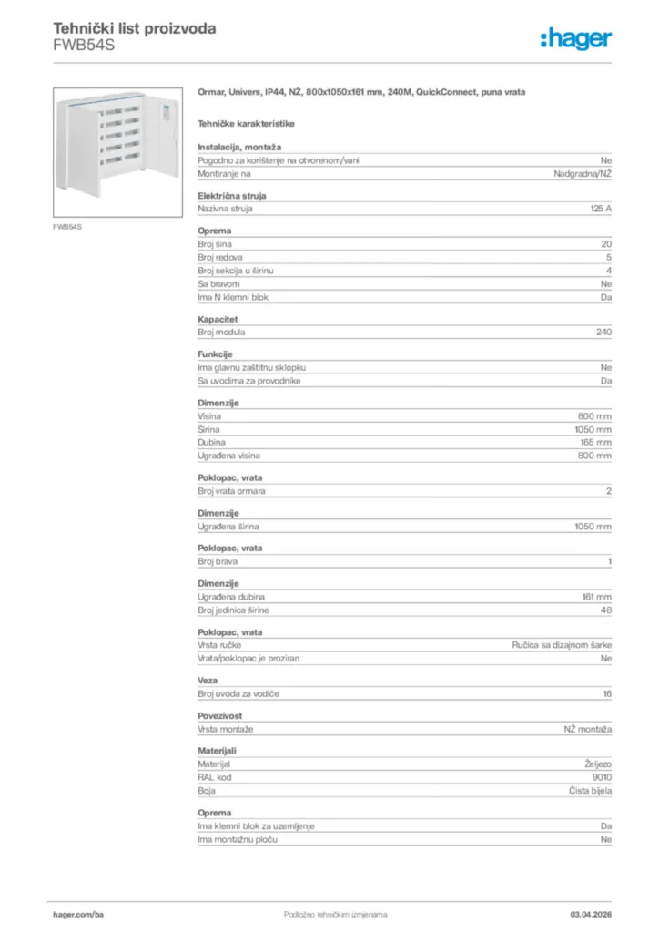 Slika Hager Tehnički list proizvoda FWB54S  | Hager