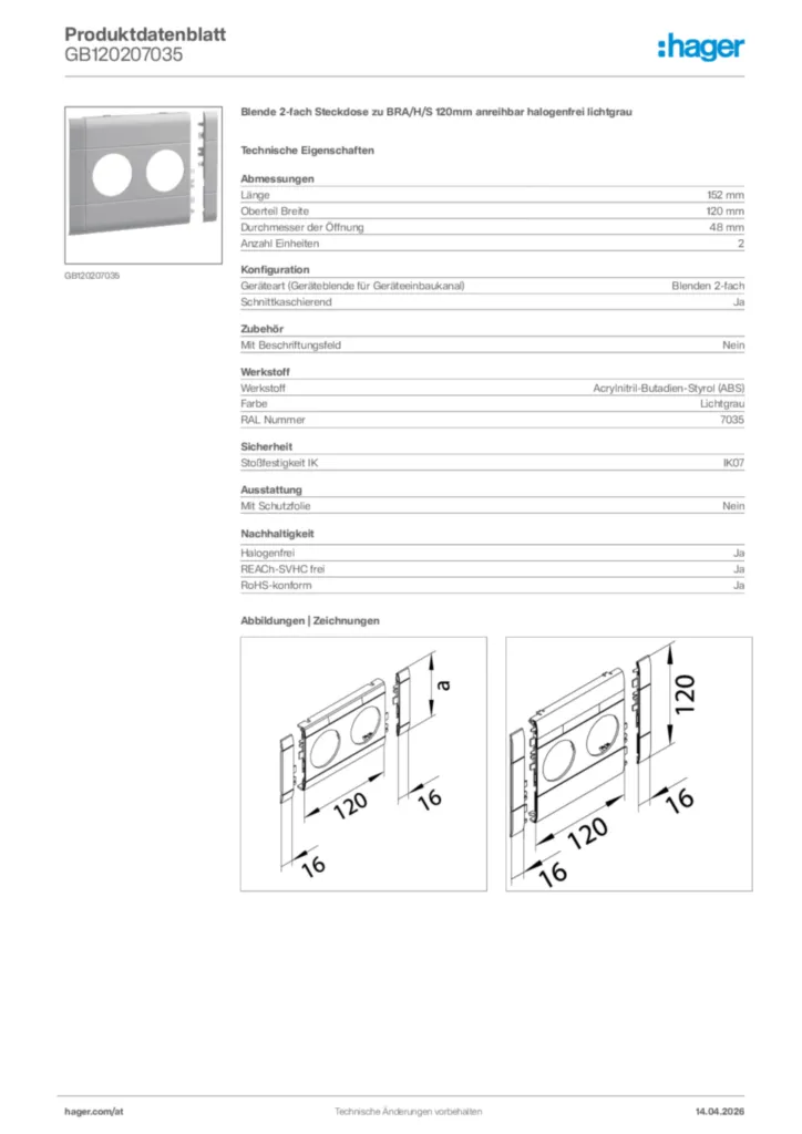 Bild Hager Produktdatenblatt GB120207035 | Hager Deutschland