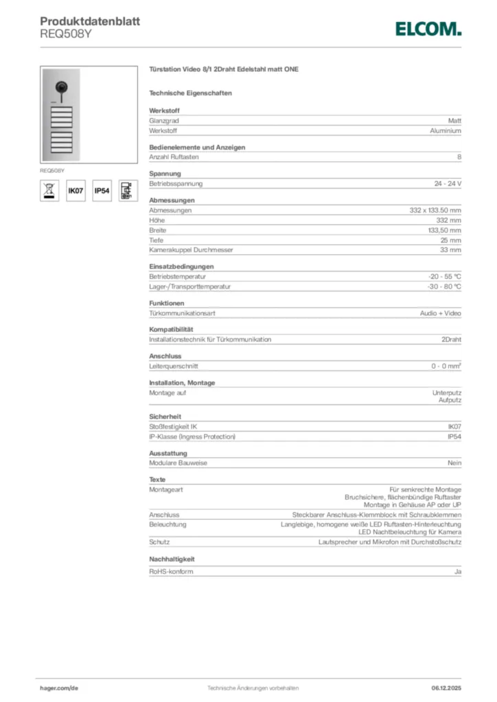 Bild Elcom Produktdatenblatt REQ508Y | Hager Deutschland