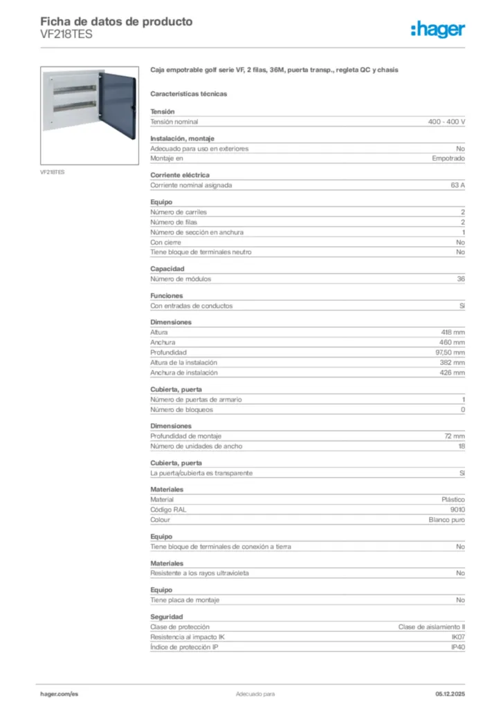 Imagen Hager Ficha de datos de producto VF218TES | Hager España