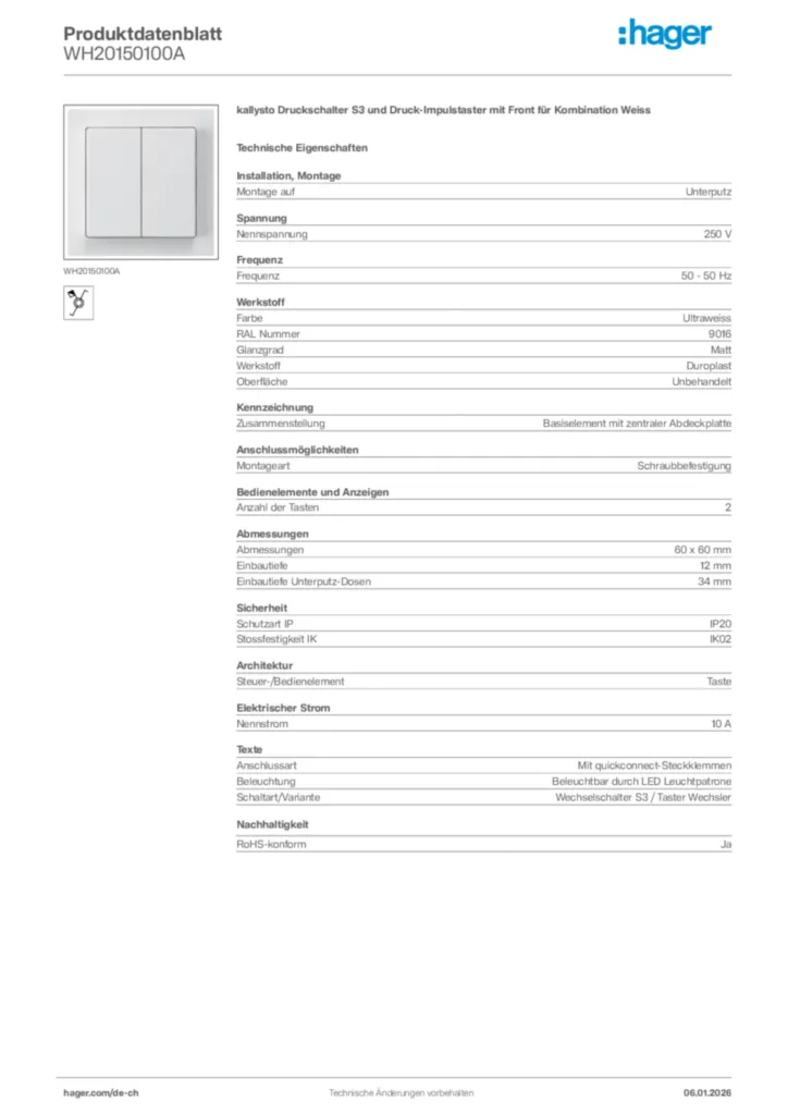 Bild Hager Produktdatenblatt WH20150100A | Hager Schweiz