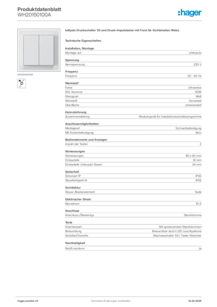 Bild Hager Produktdatenblatt WH20150100A | Hager Schweiz