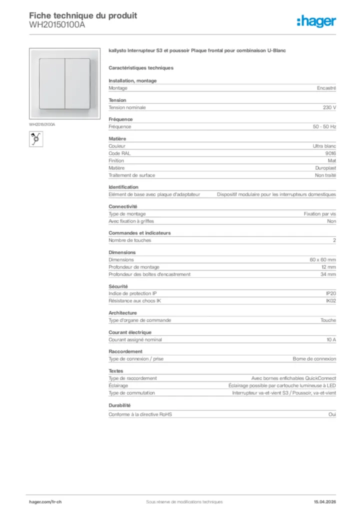 Image Hager Fiche technique du produit WH20150100A | Hager Suisse