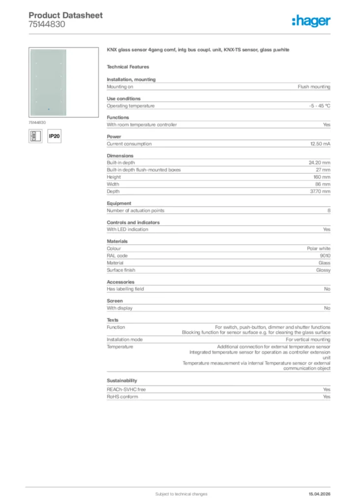 Image Hager Product data sheet 75144830  | Hager Africa