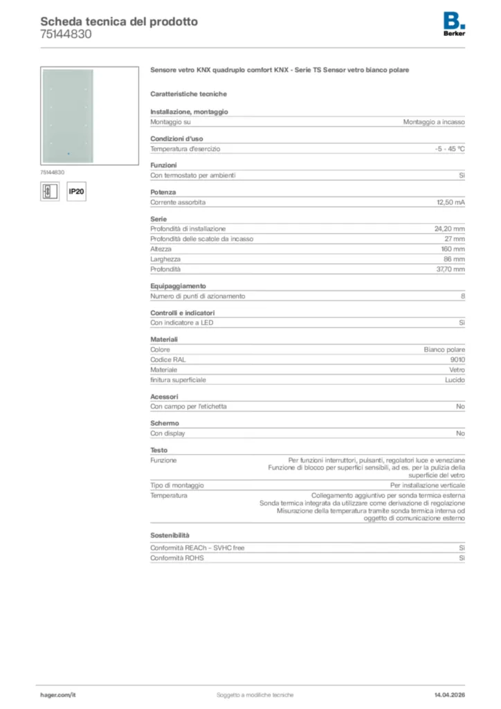 Immagine Berker Scheda tecnica del prodotto 75144830 | Hager Italia