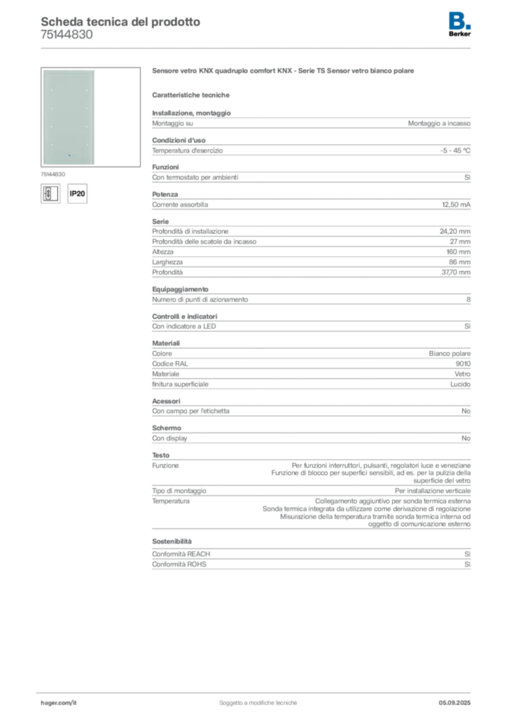Immagine Berker Scheda tecnica del prodotto 75144830 | Hager Italia
