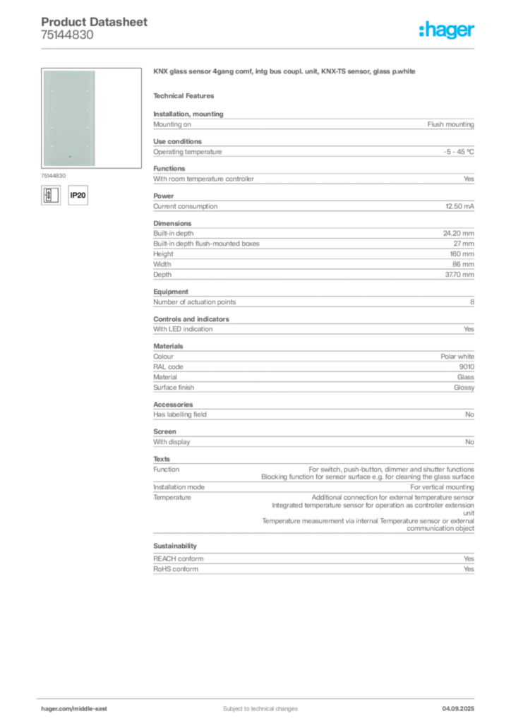 Image Hager Product data sheet 75144830  | Hager