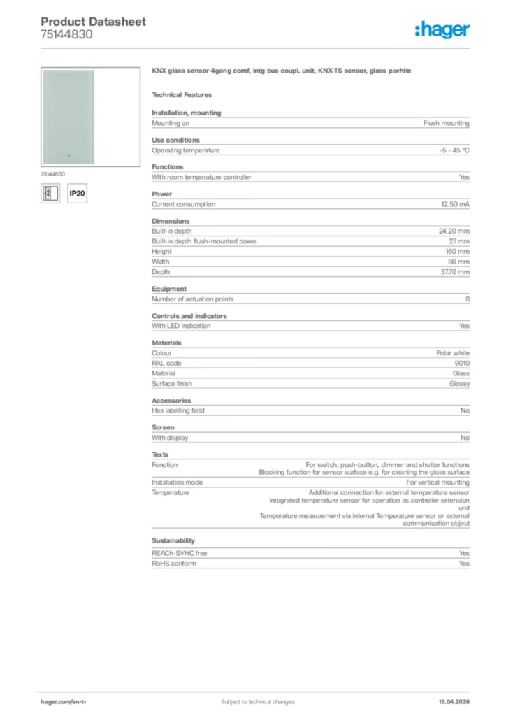 Image Hager Product data sheet 75144830  | Hager