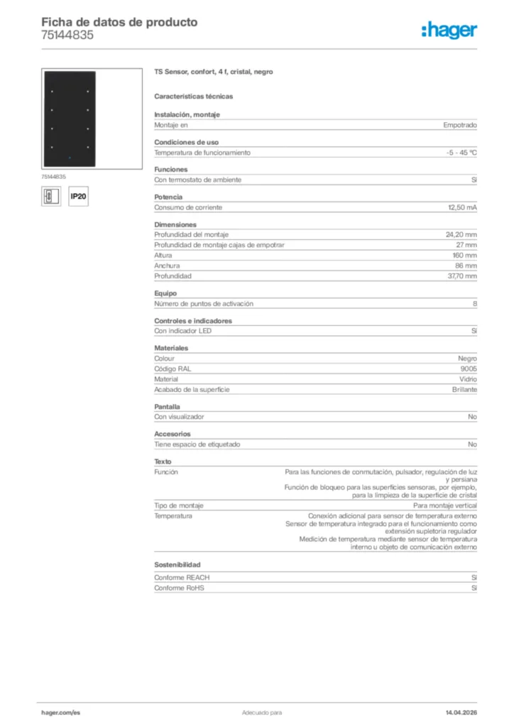 Imagen Hager Ficha de datos de producto 75144835 | Hager España