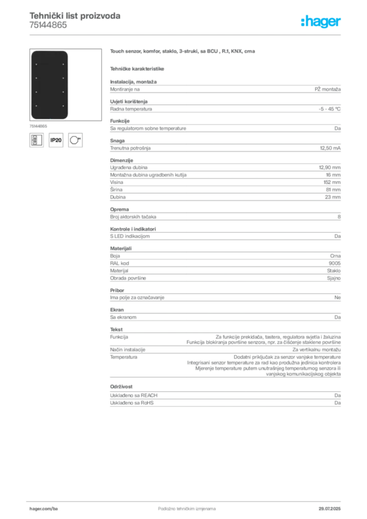 Slika Hager Product data sheet 75144865  | Hager