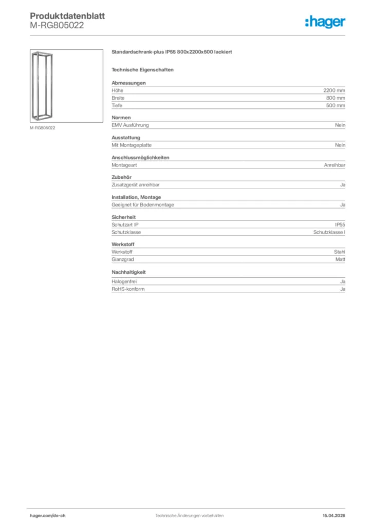 Bild Hager Produktdatenblatt M-RG805022 | Hager Schweiz