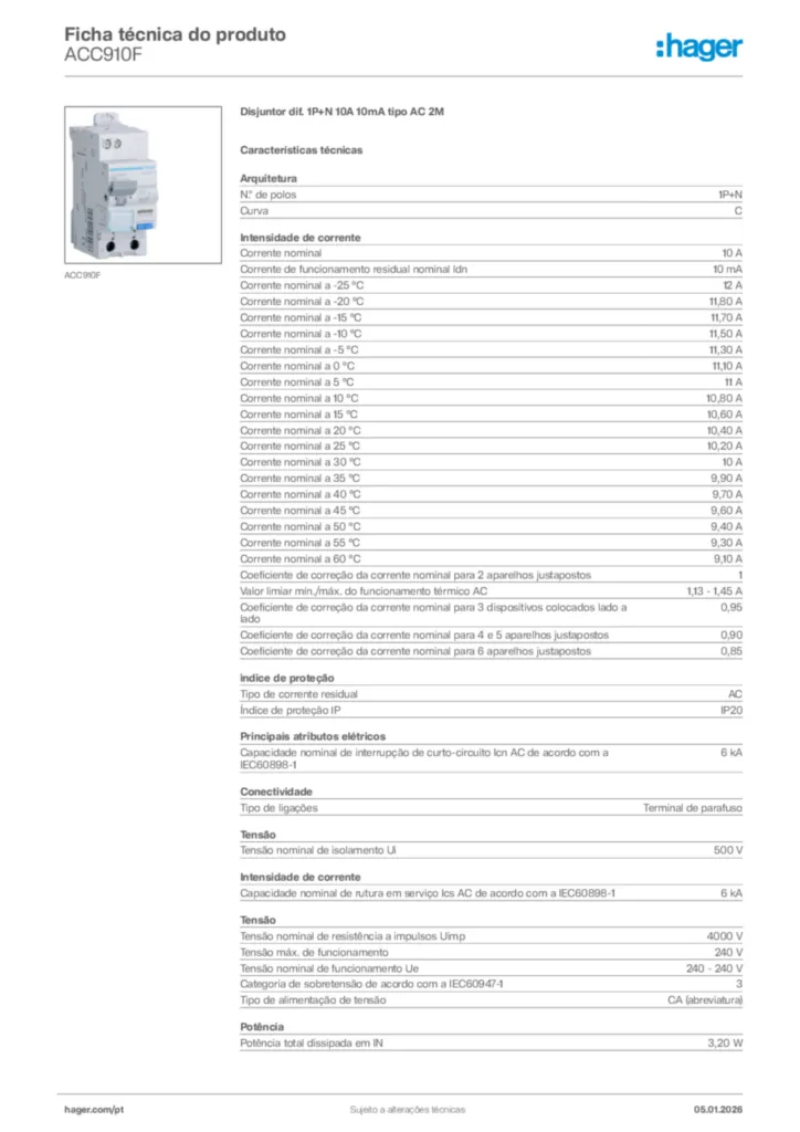 Imagem Hager Ficha técnica do produto ACC910F | Hager Portugal