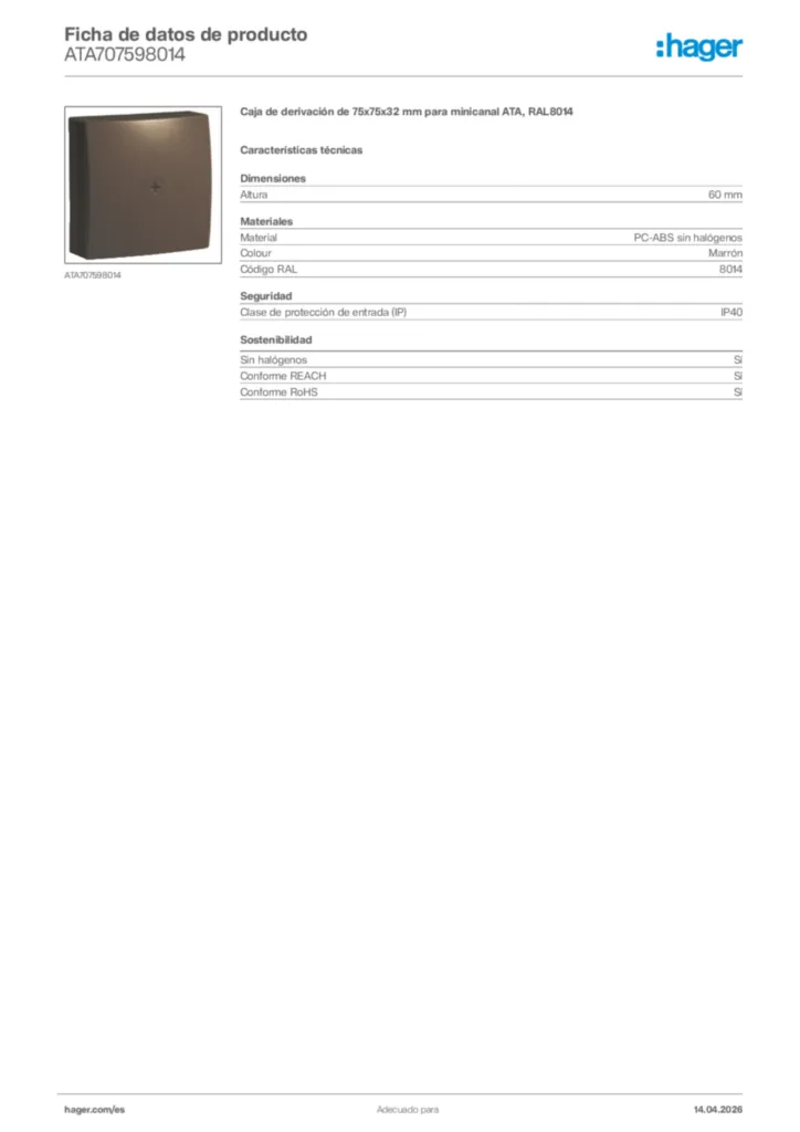 Imagen Hager Ficha de datos de producto ATA707598014 | Hager España