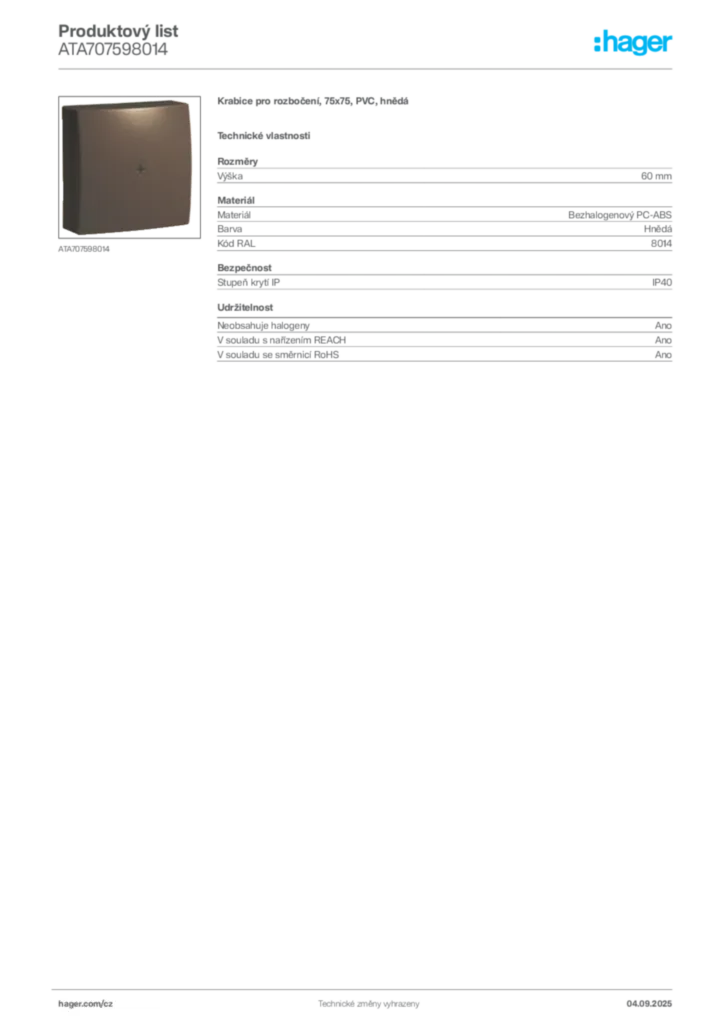 Obrázek Hager Produktový list ATA707598014 | Hager