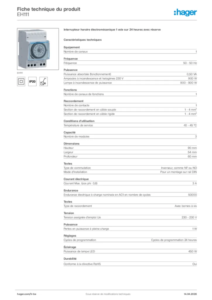 Image Hager Fiche technique du produit EH111 | Hager Belgique