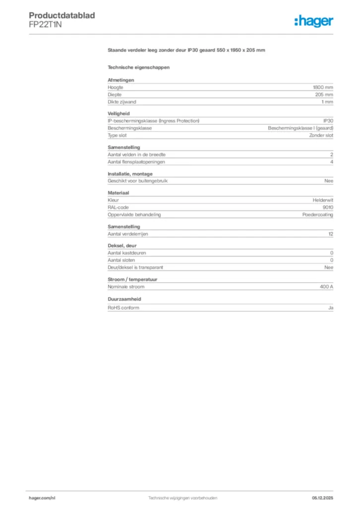 Afbeelding Hager Productdatablad FP22T1N | Hager Nederland