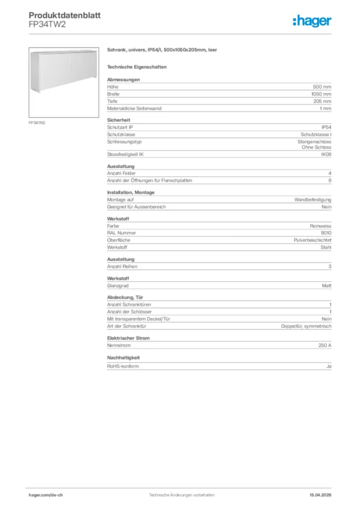 Bild Hager Produktdatenblatt FP34TW2 | Hager Schweiz